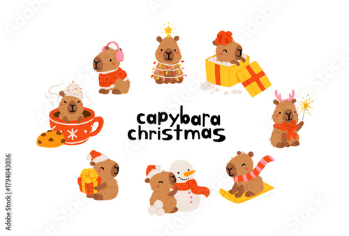 Cute Christmas capybara sticker set. cozy festive vector illustration with Santa capybara, snowman, cocoa mug, gift box, sleigh, cookies and lights. adorable kawaii animal collection for winter design