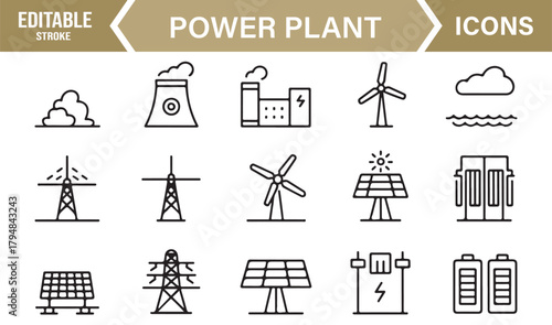 Clean Linear Icon Collection Representing Modern Power Plants and Electricity Generation