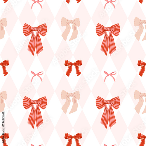 Seamless romantic pattern with pink and red vintage bows on soft pastel harlequin background, feminine coquette aesthetic wallpaper, cute valentines wrapping paper, retro girly textile design
