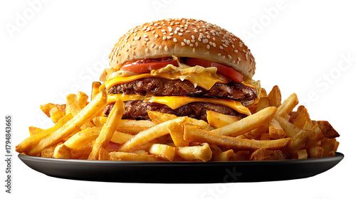 A delicious double cheeseburger with melted cheese, fresh tomatoes, and lettuce, served with a generous portion of golden french fries