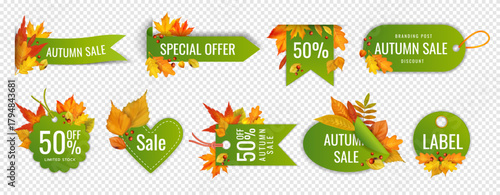 Fall sale stickers. Autumn promo badges, marketing promo labels. Discount tags with orange maple leaves. Seasonal shopping event with foliage. Special offer. Vector red and gold design isolated set