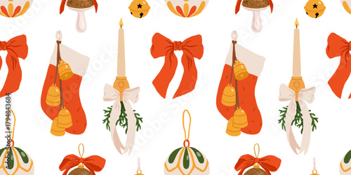 Vintage Christmas ornaments seamless patterns set, cozy retro holiday baubles, stockings, bows, bells, candy and star decorations in flat vector illustration for wrapping paper, textile and stationery