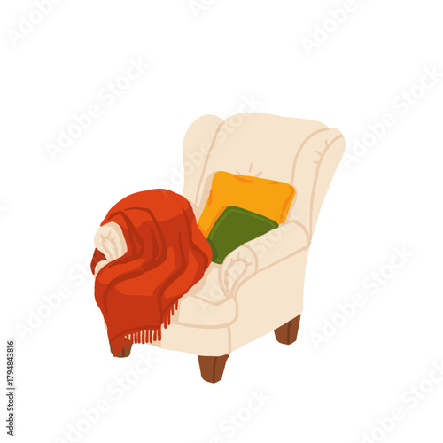 Christmas cozy armchair with blankets and pillows. Warm festive winter interior scene with basket of plaid throws and fir branches, comfy hygge holiday home decor illustration.