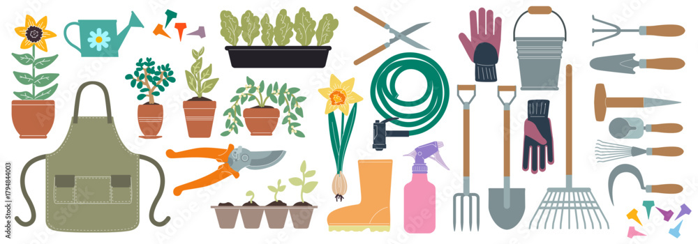 Obraz premium Gardening tools. Accessories for garden. Apron, gloves, watering can. Farmer equipment for planting. Flower spring, summer agricultural cultivation. Vector cartoon isolated horticulture illustration
