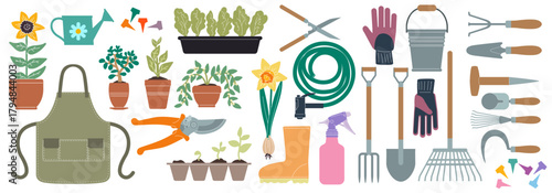 Gardening tools. Accessories for garden. Apron, gloves, watering can. Farmer equipment for planting. Flower spring, summer agricultural cultivation. Vector cartoon isolated horticulture illustration