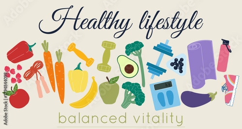 Healthy life. Fitness routine. Wellness habits. Balanced vitality. Diet food and sport activity. Fresh vegan product. Fruit and vegetables eating. Healthiness lifestyle. Yoga training. Vector banner