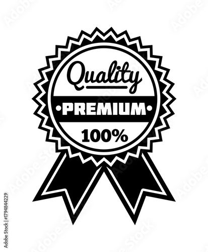 Quality premium badge. Black silhouette seal with ribbons, round emblem design. Best product tag guarantee certificate bestseller label template. Stamp icon. Winner prize. Vector isolated illustration