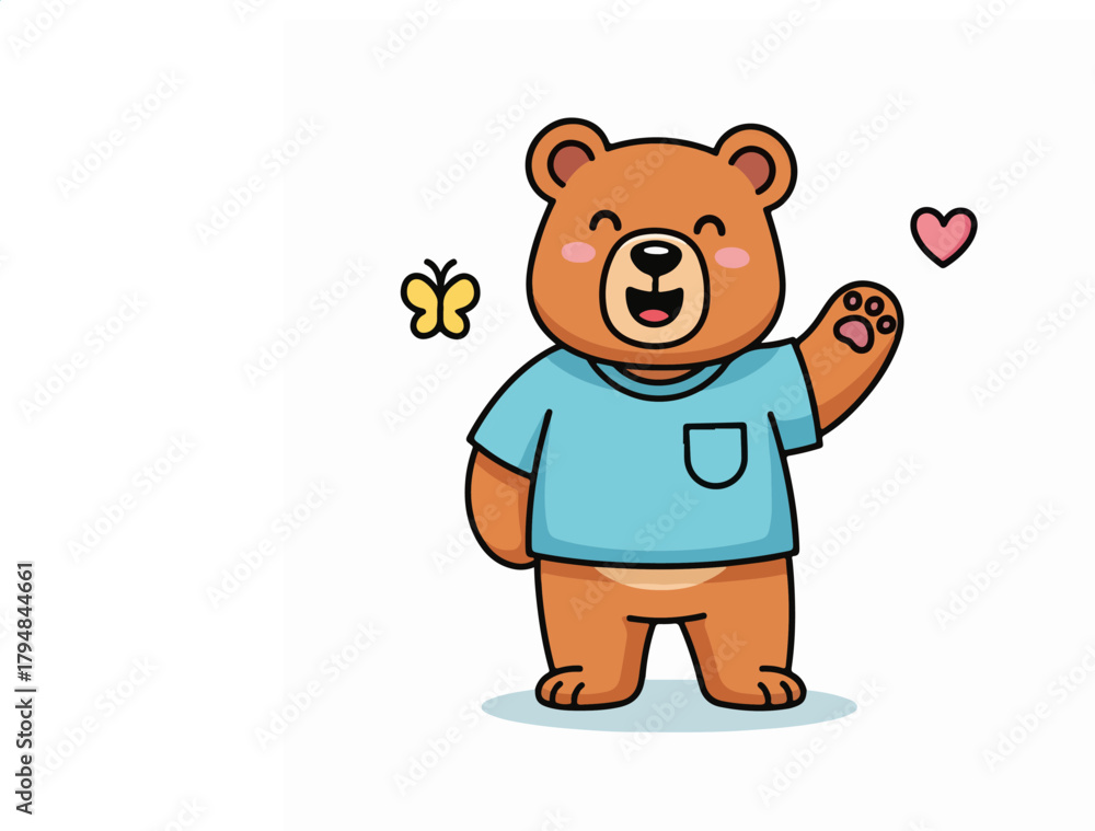 Fototapeta premium Cute Bear Waving in Blue Shirt Cartoon Illustration