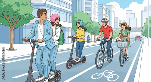 Young adults riding electric scooters and bicycles in the city