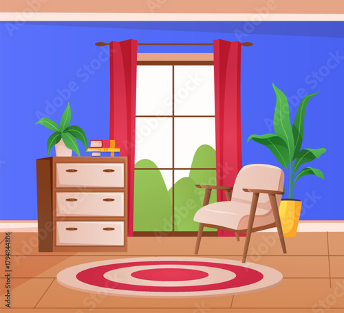 Home interior. Cozy living room decor. Armchair and soft carpet. Apartment furniture. Comfortable sofa. Domestic flowerpot. House furnishing. Commode dresser. Window curtain. Vector empty house inside