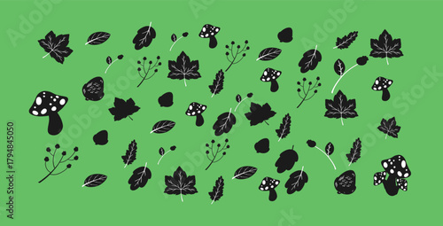 A hand‑drawn vector background depicting a fall scene, featuring flat style orange and red foliage, leaves, and berries, with space for text, vector illustration.