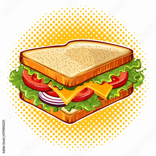 mit Tomaten, Käse und Salat belegtes Sandwich - Cartoon Comic Stil