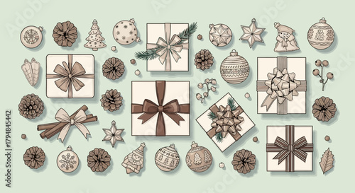 Flat lay vector of Christmas gift boxes, ribbons, pinecones, and ornaments, top view composition on pastel background