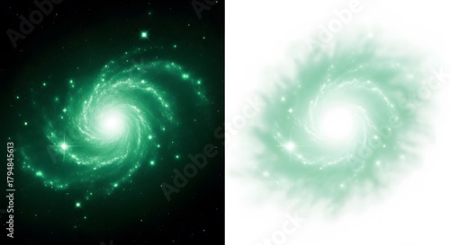Green spiral galaxy illustration cosmic nebula with stars isolated on white and black backgrounds