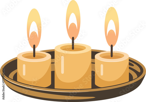 Three burning pillar candles in plate vector icon for spa
