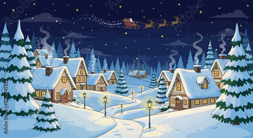 Magical snowy village at night with Christmas lights, cozy houses, and Santa flying across the sky, vector landscape