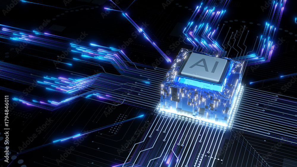 Obraz premium AI chip hub on dark PCB 3D render