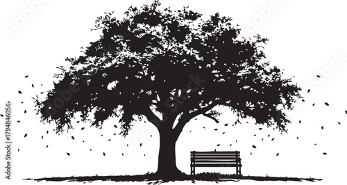 Silhouette of a majestic old tree with falling leaves and a lone park bench on a calm autumn day, tranquil.