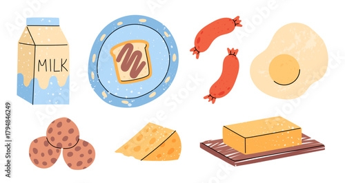 Illustration food. Breakfast meal. Fresh milk bottle. Cheese with butter. Scrambled eggs. Bread toast on plate. Sausage for lunch. Cookie snack. Doodle products eating. Vector isolated elements set