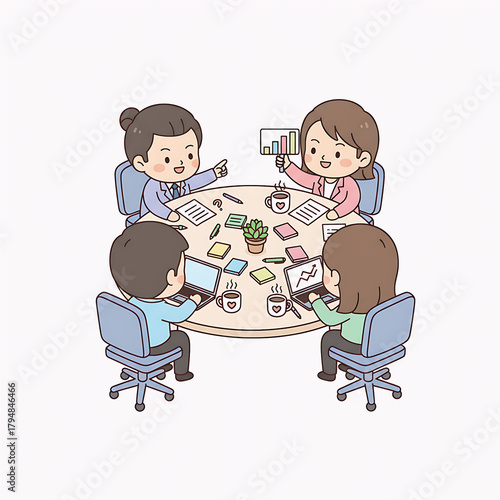 Team collaboration and business meeting around a table with computers, charts, and discussion in progress