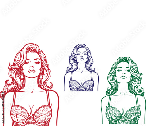 Three stylized women in lingerie artfully displayed against a stark black backdrop on transparent background