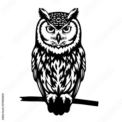A powerful and wise owl perched on a branch, illustrated in a striking black and white graphic style suitable for a logo or emblem