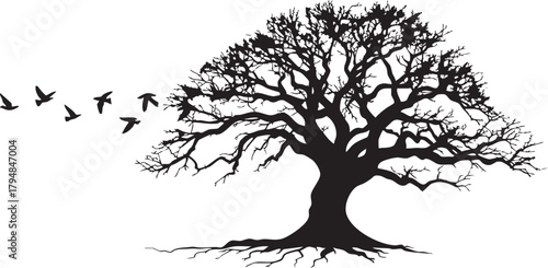 Stylized bare tree silhouette with intricate branches, exposed roots, and a flock of birds flying away, isolated artwork