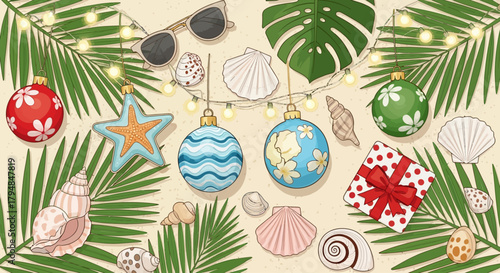 Tropical holiday flat lay with Christmas ornaments, seashells, and palm leaves on sandy background,
