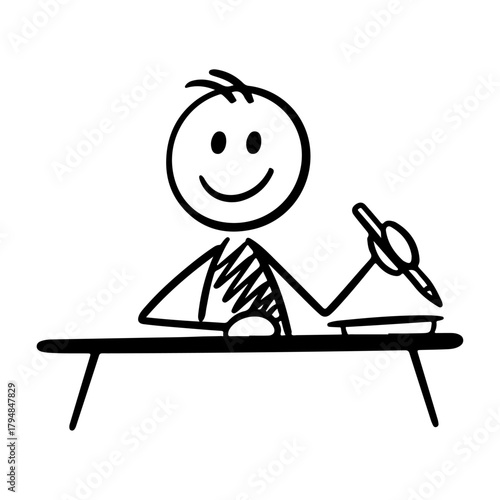 Happy Stick Figure Writing at a Desk
