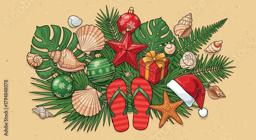 Tropical holiday flat lay with Christmas ornaments, seashells, and palm leaves on sandy background,