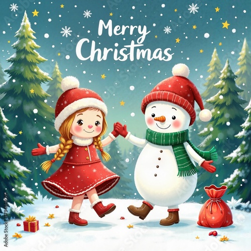 Little fairy girl dancing with snowman in enchanted forest during Christmas copy space