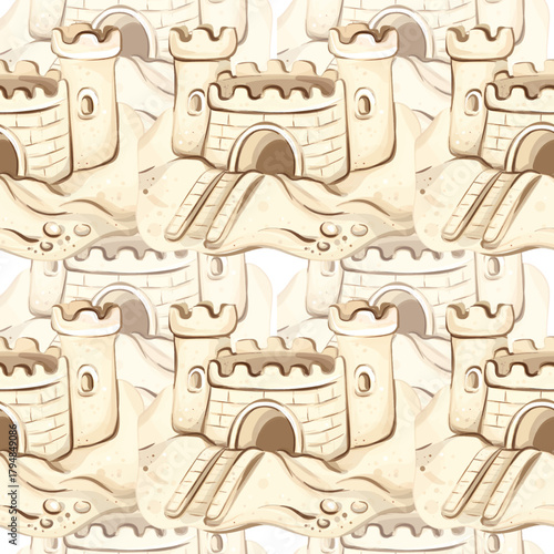 Summer themed seamless pattern background wallpaper featuring whimsical sandcastles on a beach shore adorned with shells and gentle waves for festive occasions and leisure activities