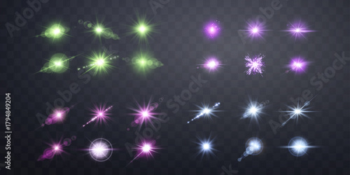 Lens flares set. Sun flash with rays spotlight and bokeh. Green, purple, pink and blue glow flare light effect. Isolated on transparent background. Vector illustration.