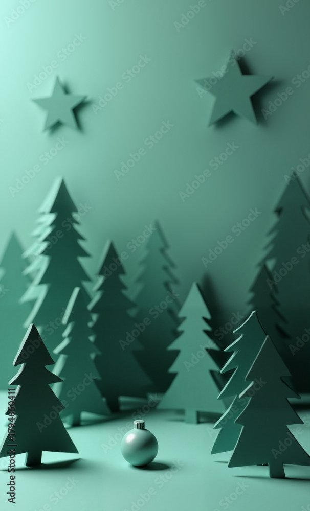 Obraz premium Festive green papercut trees and stars create a whimsical holiday scene with a shiny ornament.