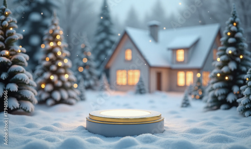 Festive winter scene showcases a snow-covered house surrounded by decorated Christmas trees and a pedestal perfect for product display.