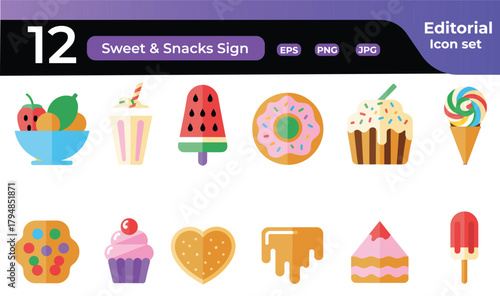 Delicious Sweet Treats Icon Set for Food Related Designs and Dessert Shop Graphics vector illustrations of various sugary items