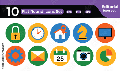 Set of ten colorful flat round icons representing various concepts and functions for web and mobile applications editorial design and digital marketing purposes versatility in visual communication