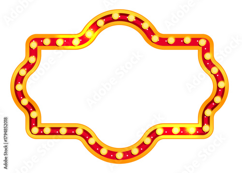 Rectangle marquee circus light sign. Carnival frame and casino board glow. Retro cinema bulb border in gold vintage style for theater show or broadway poster. Blank billboard isolated on background.