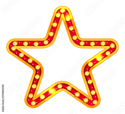 Marquee circus star light sign. Carnival frame and casino board. Retro cinema bulb glow border in gold vintage style. Broadway show or theater stage. Blank billboard isolated on background