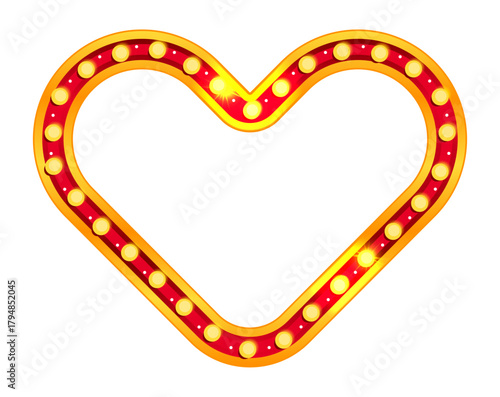 Marquee circus light for carnival heart frame. Casino sign board. Retro cinema bulb border in vintage style for theater show or gold valentine love poster. Blank billboard isolated on red background