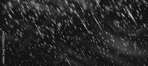 Snow snowstorm blizzard with transparent white falling snowflake overlay png effect. Holiday frozen texture for night storm sky. Isolated realistic snowy and wind pattern on black backgroun