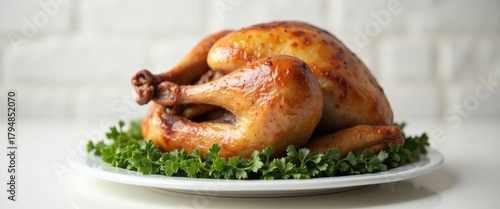 roast juicy large turkey on a white plate. close-up. Thanksgiving dinner