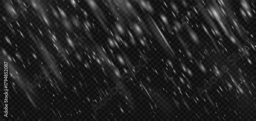 Snowstorm snow effect blizzard with transparent falling snowflake overlay on black background. Winter white frozen texture for ice storm or cold sky. Isolated png flake frost snowy pattern realistic