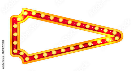 Marquee arrow light sign board. Retro lightbox for circus. Carnival border and red casino banner. Direction element for vegas showtime, sale or billboard. Quiz pointer with lamp and sparkle vector