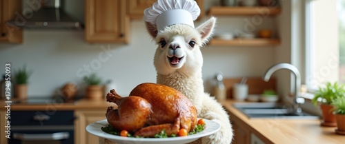 alpaca wearing a chef's hat holds a turkey in the kitchen. Thanksgiving dinner