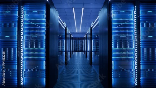 Moving through Corridor with Server Cabinets Lit by Blue Light Inside Large Modern AI Datacenter for LLM, ML, Artificial Intelligence Training. Data Center, Supercomputer and Advanced Cloud Computing.