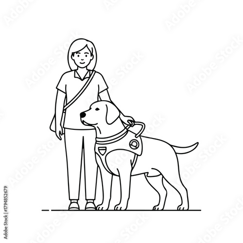 Minimalist line art illustration of a visually impaired woman with her loyal guide dog wearing a harness for assistance