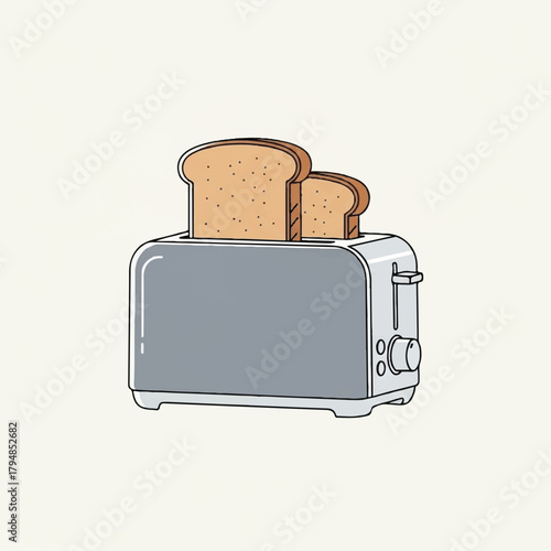 A detailed illustration of a kitchen appliance, an electric toaster, preparing two slices of golden-brown bread for a delicious breakfast meal