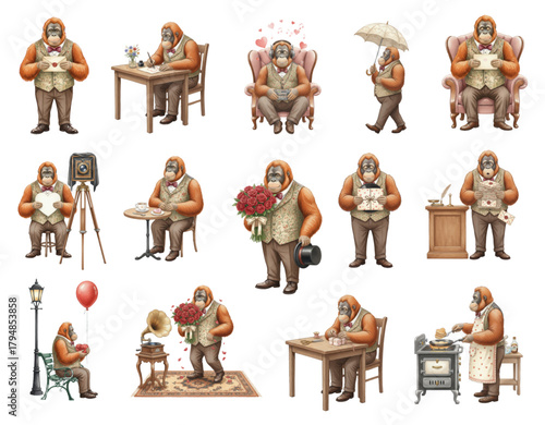 Watercolor Set of Vintage Orangutan Characters in Various Scenes