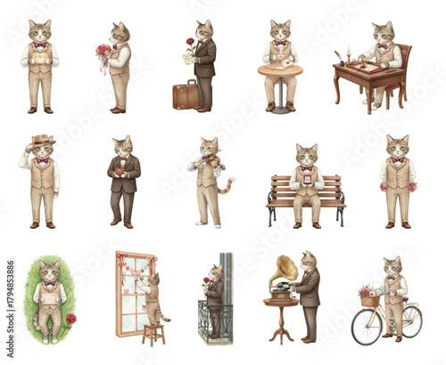 Watercolor Set of Vintage Anthropomorphic Cat Gentlemen in Suits